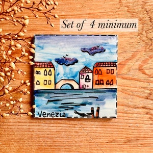 Juego de posavasos con motivos venecianos, hecho en Italia, de 4 x 4 pulgadas, ideal como regalo para amantes del café, posavasos de cerámica hechos a mano con pintura artística.