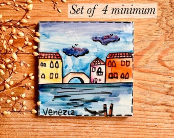 Coaster Set with Venice Made in Italy, 4x4 Tile for Coffee Lover Gift, Handmade Ceramic Coffee Coaster with Artistic Painting