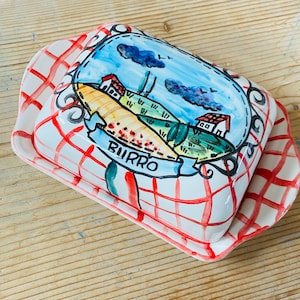 Mantequera, paisaje de la Toscana, recuerdo de Italia, recipiente para mantequilla, hecho en Italia, bandeja con tapa, cerámica hecha a mano, decoración toscana