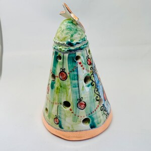 Christmas tree pottery lantern, handmade ceramic christmas tree with santa painted, ceramic holiday tea light holder, italian art pottery image 3