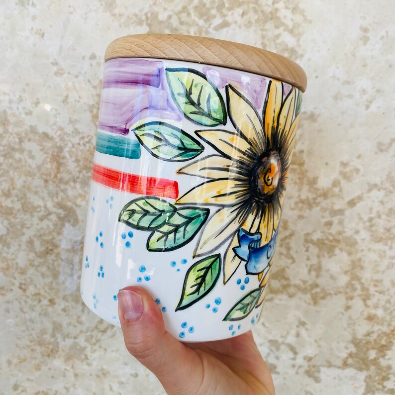 Coffee Canister, Sunflower Jar, Italian Pottery, Coffee Storage, Coffee Holder, Ceramic Jar, Food Container, Mom Kitchen Gift