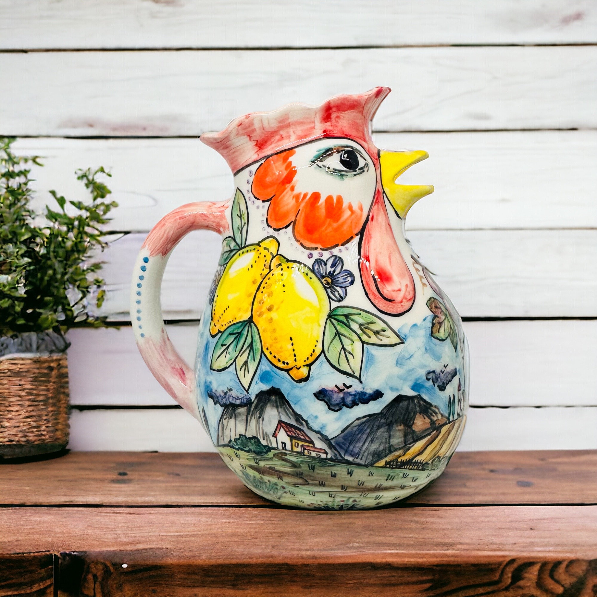 Handmade Tuscan Rooster Pottery Pitcher, Italian Ceramic Decanter