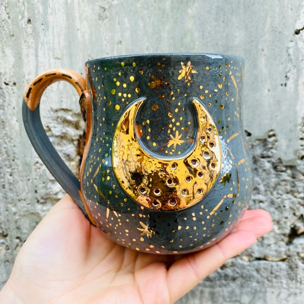 Maanmok, Witch Brew mok, Halve Maen, Heksenketel, Handgemaakt keramiek, Made in Italy, Astronomy Gift, Galaxy Cup, Star Cup, Maansikkel