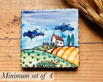 Cup Coaster with Tuscany Landscape Painted, Coaster Set Made in Italy,  4x4 Tile as Wine Lover Gift or Wedding Favor for Guest