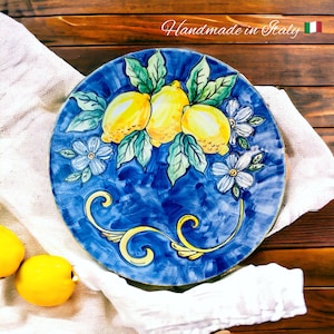 Dinner Set Made in Italy with Amalfi Lemons Hand Paint, Blue Pottery Plate Set Dishwasher Safe in Tuscan Style, Newly Married Gift