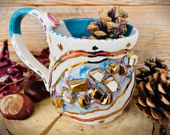 Taza mineral, taza de cristal para regalo de Wicca, caldero de bruja, cerámica hecha a mano, hecha en Italia, taza en tonos pastel, bañada en oro