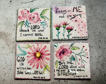 Tea coaster, Coaster set, Made in Italy, Christian coasters, 4x4 tile, Wine lover gift, Handmade ceramic, Wedding favor for guest