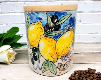 Recipiente para café, tarro para café, limón Amalfi, hecho en Italia, recipiente para alimentos, diseño de frutas, estilo toscano, cerámica hecha a mano, regalo para cocinero