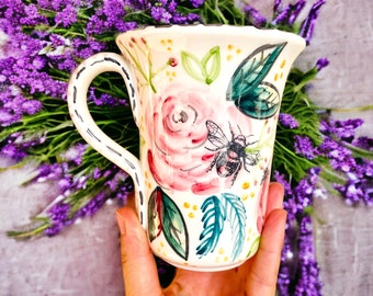 Roses pottery mug, floral ceramic cup, romantic cup, italian pottery mug, unique ceramic mug, flower coffee mug, hand painted mug, girly mug