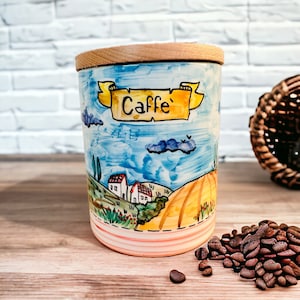 Tarro de café con paisaje de la Toscana, bote para café fabricado en Italia, pintado a mano, botes de cocina para especias