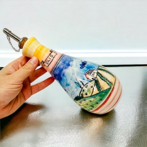 Oil Dispenser with Tuscany Countryside Hand Painted, Olive Oil Bottle Made in Italy, Colorful Pottery Cruet for Cooking