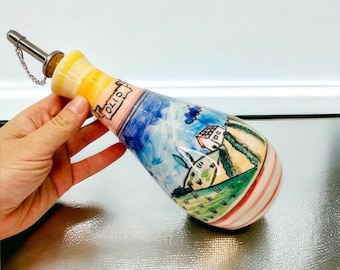 Oil Dispenser with Tuscany Countryside Hand Painted, Olive Oil Bottle Made in Italy, Colorful Pottery Cruet for Cooking