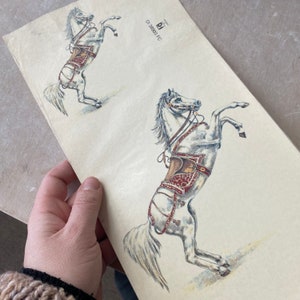 Può includere: Un'illustrazione vintage di un cavallo bianco che si alza sulle zampe posteriori. Il cavallo indossa una sella e una briglia di colore rosso e oro. L'illustrazione è stampata su carta bianca con il testo "DI 3890 FC" nell'angolo in alto a destra.