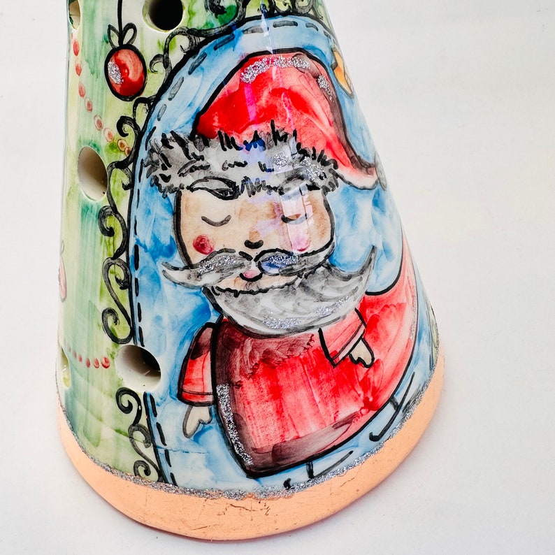 Christmas tree pottery lantern, handmade ceramic christmas tree with santa painted, ceramic holiday tea light holder, italian art pottery image 2