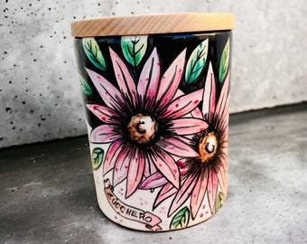 Sugar canister,  Kitchen storage, Made in Italy, Sugar jar, Food canister, Pink sunflower, Daisy pattern, Floral design, Gift for cook