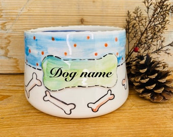 spaniel dog bowl, long ears pet food bowl, ceramic cocker water bowl, cone shaped bowl, conical puppy bowl, personalized name bowl, pottery