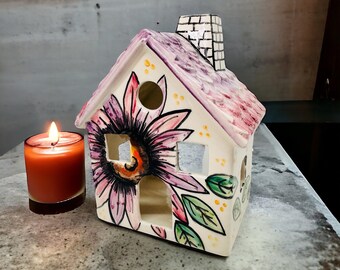 Handmade Ceramic Candle Holder | House Shaped for Tealight | Pottery Lantern with Pink Sunflower Painted | Decorative Lantern Centerpiece