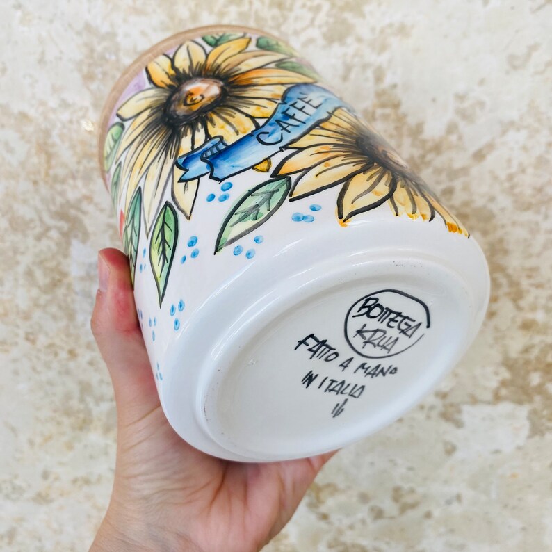 Coffee Canister, Sunflower Jar, Italian Pottery, Coffee Storage, Coffee Holder, Ceramic Jar, Food Container, Mom Kitchen Gift