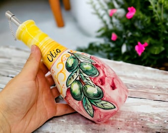 Oil Dispenser with Olives Hand Painted, Olive Oil Bottle Made in Italy, Colorful Pottery Cruet for Cooking