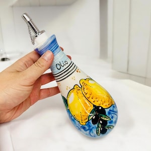 Oil Dispenser with Amalfi Lemons Hand Painted, Olive Oil Bottle Made in Italy, Colorful Pottery Cruet for Cooking