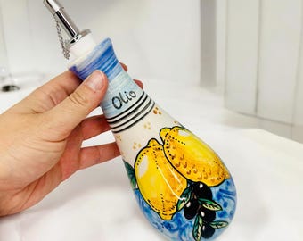 Oil Dispenser with Amalfi Lemons Hand Painted, Olive Oil Bottle Made in Italy, Colorful Pottery Cruet for Cooking