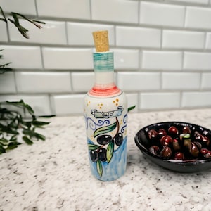 Oil Dispenser with olives Hand Painted, Olive Oil Bottle Made in Italy, Colorful Pottery Cruet for Cooking