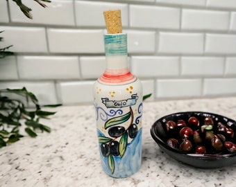 Oil Dispenser with olives Hand Painted, Olive Oil Bottle Made in Italy, Colorful Pottery Cruet for Cooking
