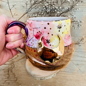 Moon Mug, Witches Brew Mug, Half Moon, Witch Cauldron, Handmade ceramics, Made in Italy, Astronomy Gift, Galaxy Star Cup