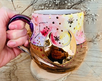 Moon mug, Witches brew mug, Half moon, Witch cauldron, Handmade ceramics, Made in Italy, Astronomy gift, Galaxy cup, Star cup, Artistic cup