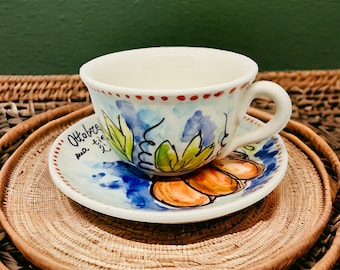 Pumpkin tea set, ceramic cup and saucer, italian pottery, capuccino set, fall tea cup, english tea time, pottery mug with plate, made Italy