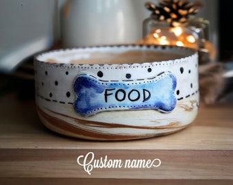 Custom Dog Bowl with Bone, Pet Feeder, Personalized Puppy Gift, Made in Italy, Animal Feeder Handmade Ceramics