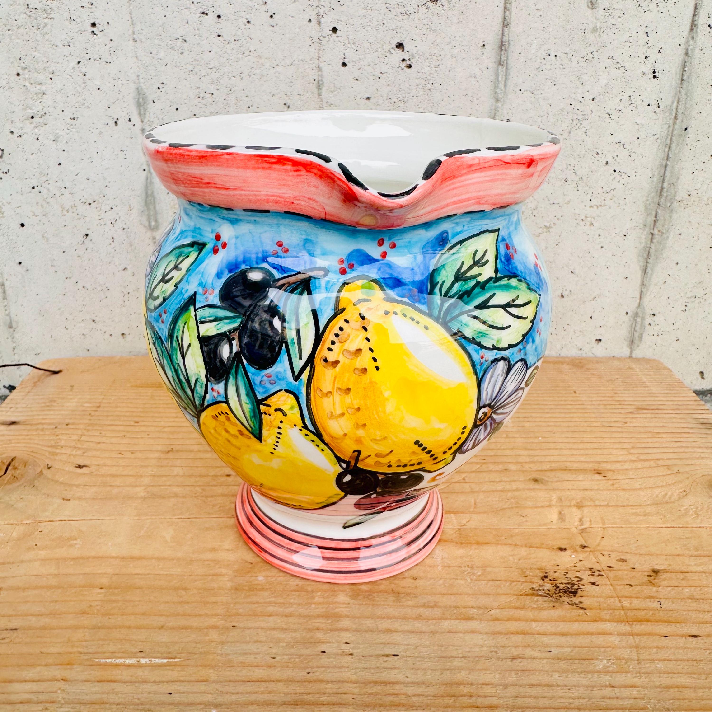 Italian Ceramic Pitcher, Amalfi Lemons and Olives Hand Painted
