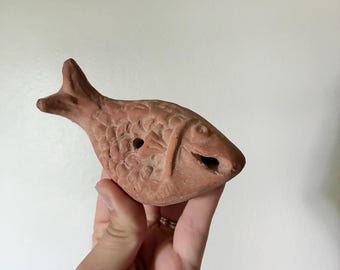 Vintage terracotta fish oil lamp figurine clay