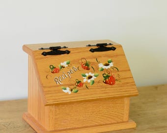 Vintage Wooden Recipe Box Handpainted floral design strawberry signature folk art eclectic style boho signed