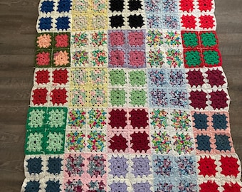 Vintage MCM Granny Square grandma knit blanket afghan throw 80” 46”
