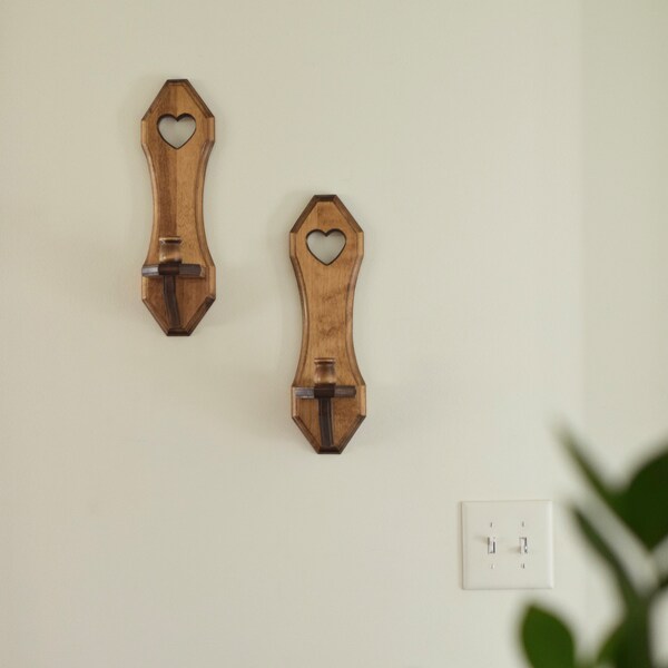 Vintage 90s primitive wooden heart cutout set of 2 pair candlestick wall sconces handmade