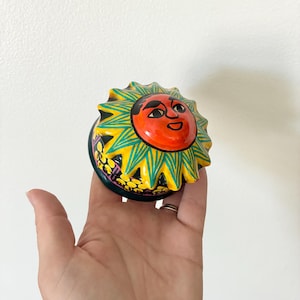 Mexican Folk Art Pottery Trinket terracotta Box Sun Moon Celestial Hand Painted Jewelry Box 3”
