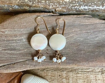 Freshwater coin pearl gold dangle earrings