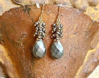 Pyrite gemstone gold handmade dangle earrings
