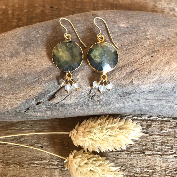 Labradorite and moonstone gemstone gold dangle earrings