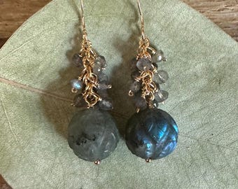 Carved labradorite gemstone gold handmade dangle earrings