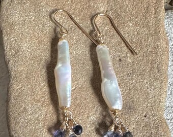 Freshwater stick pearl and iolite gemstone gold handmade dangle earrings