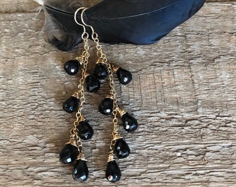 Black onyx gemstones gold dangle earrings