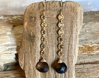 Smoky Quartz gold handmade dangle earrings