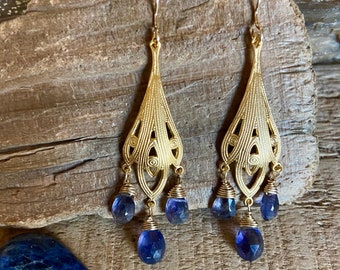 Iolite gemstone gold chandelier earrings