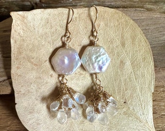 Freshwater pearl and moonstone gemstone gold dangle earrings