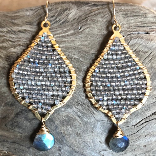 Gold hoop shops statement earrings with faceted labradorite gemstones