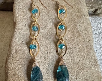 Apatite and kyanite gemstone gold handmade dangle earrings