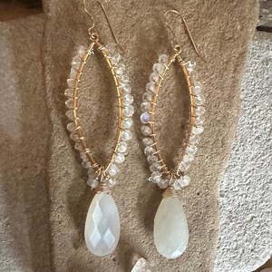 Moonstone gemstone gold handmade hoop earrings