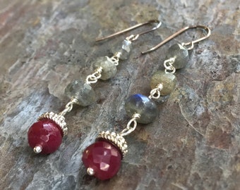 Labradorite and ruby gemstone sterling silver dangle earrings